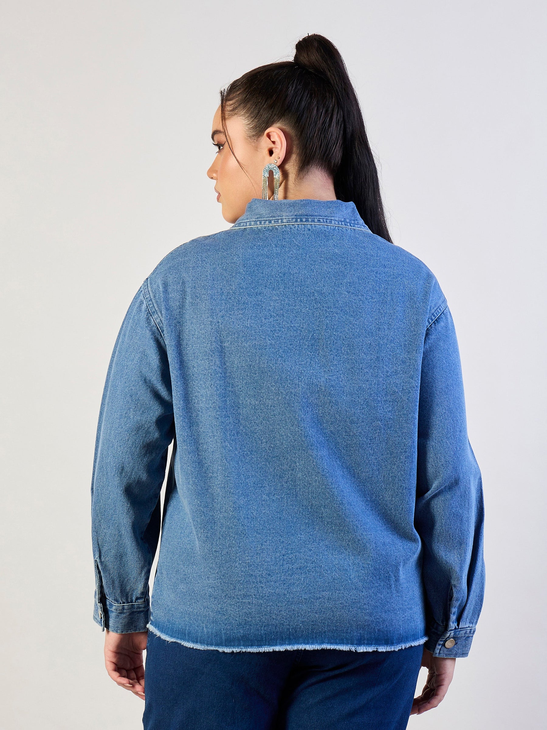 Blue Blast Sequins Patch Pocket Denim Jacket-SASSAFRAS CURVE