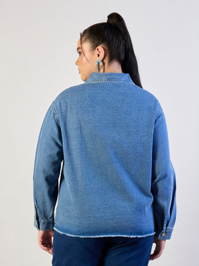 Blue Blast Sequins Patch Pocket Denim Jacket-SASSAFRAS CURVE