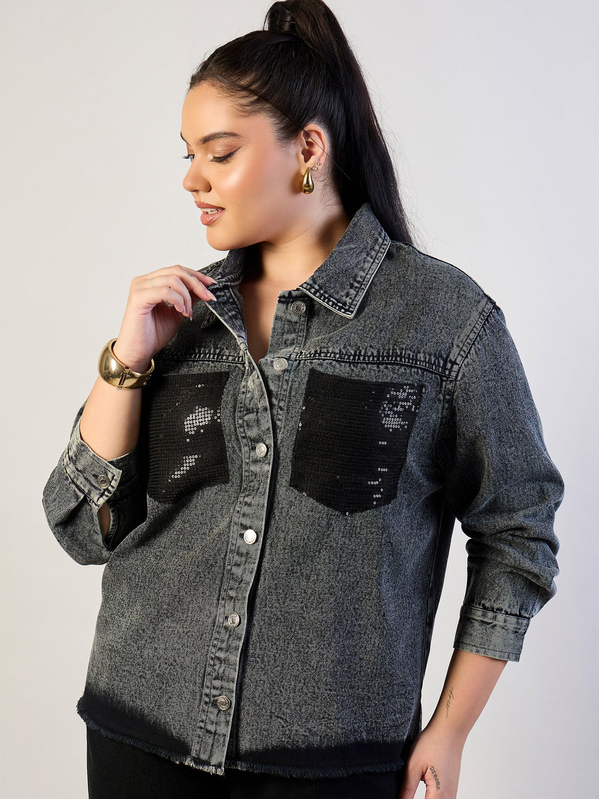 Black Blast Sequins Patch Pocket Denim Jacket-SASSAFRAS CURVE