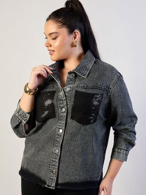Black Blast Sequins Patch Pocket Denim Jacket-SASSAFRAS CURVE