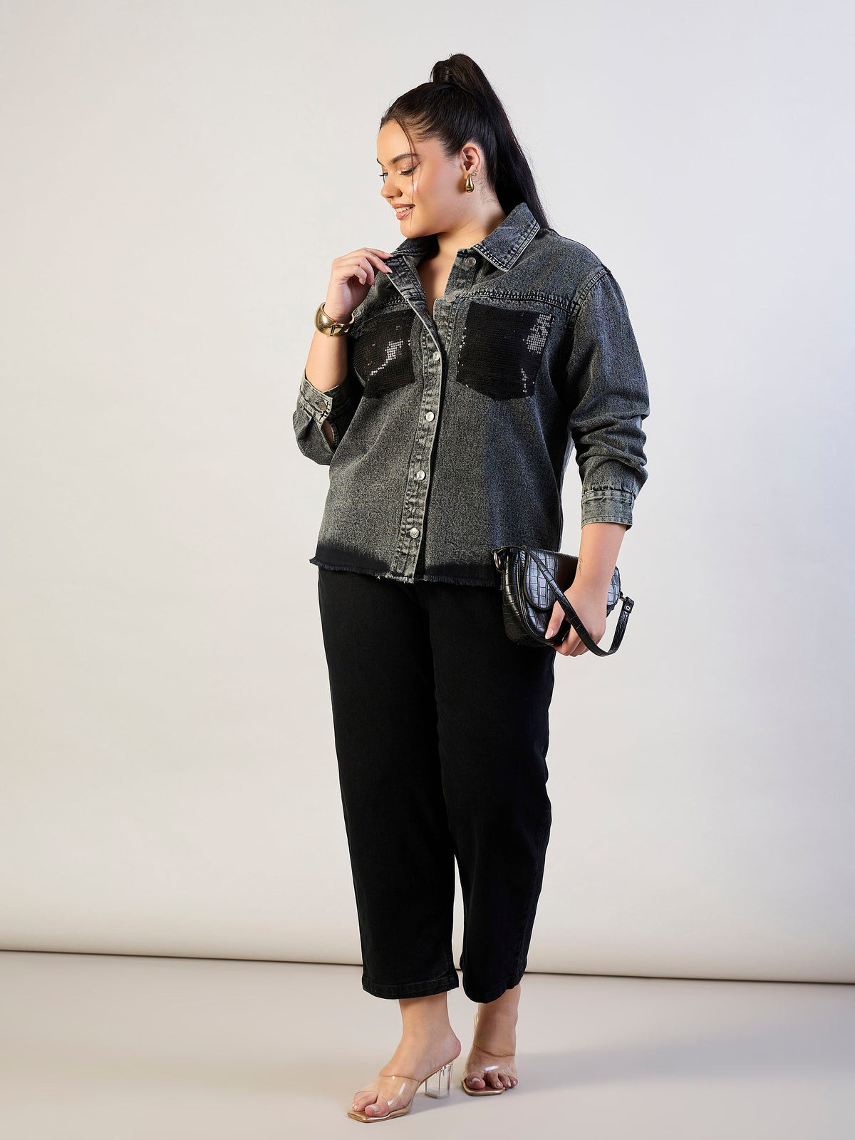 Black Blast Sequins Patch Pocket Denim Jacket-SASSAFRAS CURVE