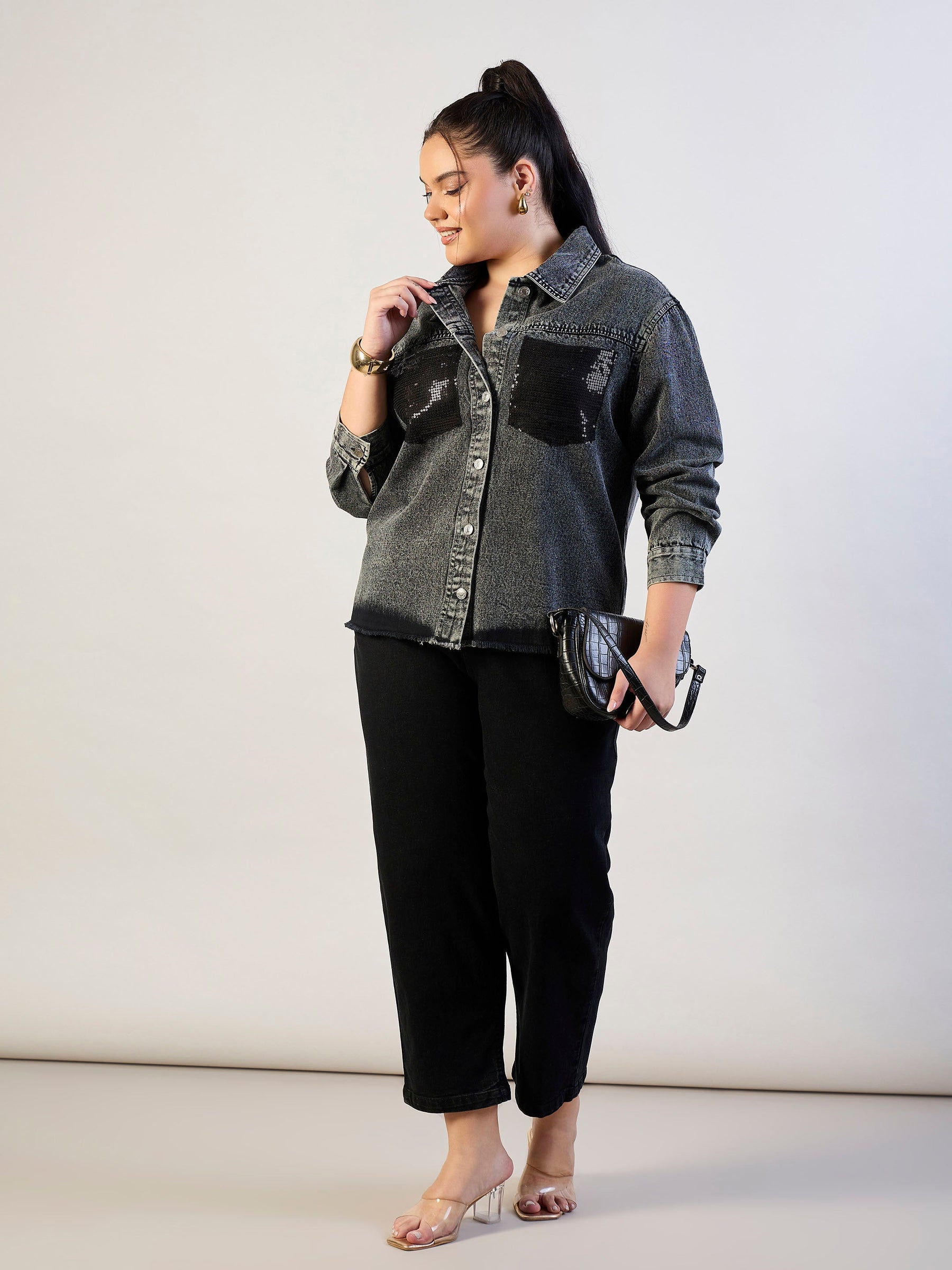 Black Blast Sequins Patch Pocket Denim Jacket-SASSAFRAS CURVE