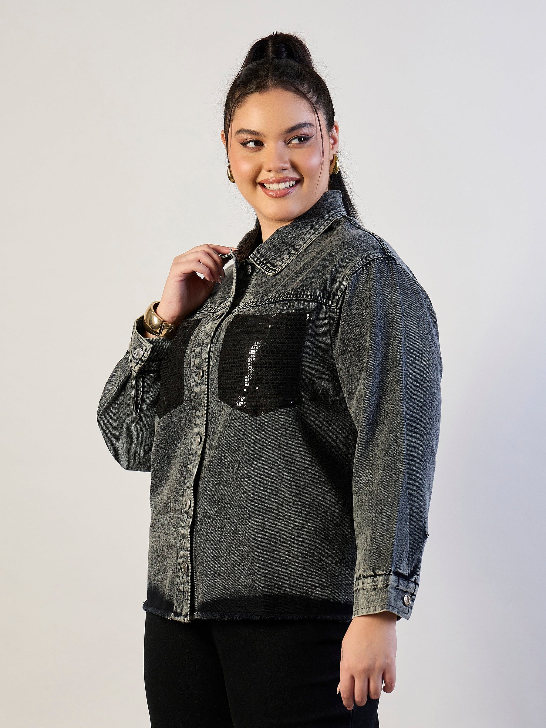 Black Blast Sequins Patch Pocket Denim Jacket-SASSAFRAS CURVE
