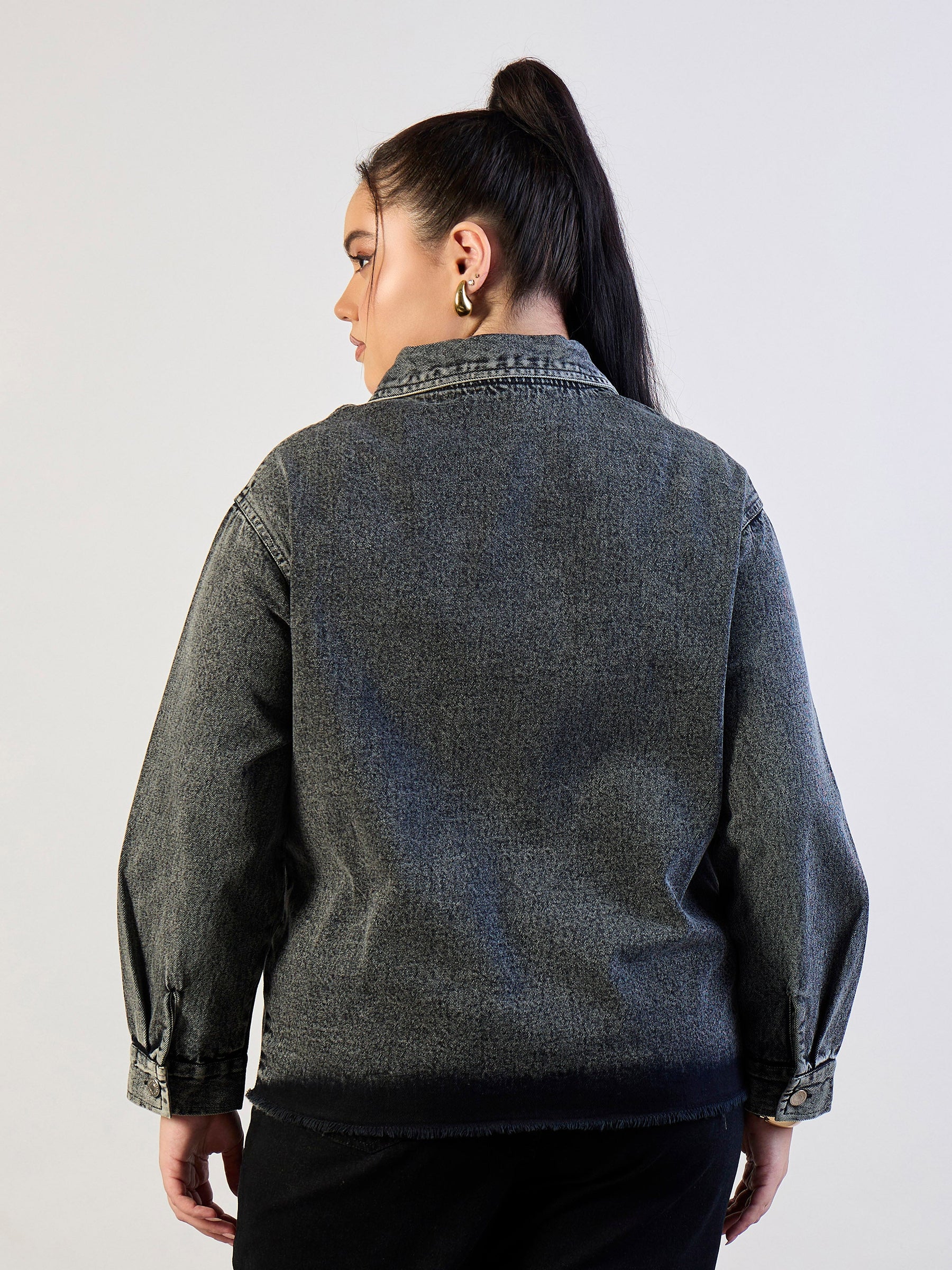 Black Blast Sequins Patch Pocket Denim Jacket-SASSAFRAS CURVE