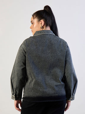 Black Blast Sequins Patch Pocket Denim Jacket-SASSAFRAS CURVE