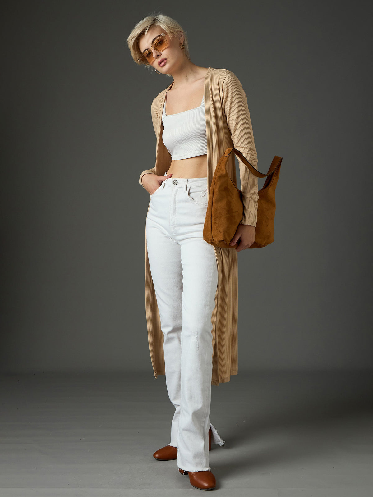 Beige Ribed Front Open Shrug-SASSAFRAS
