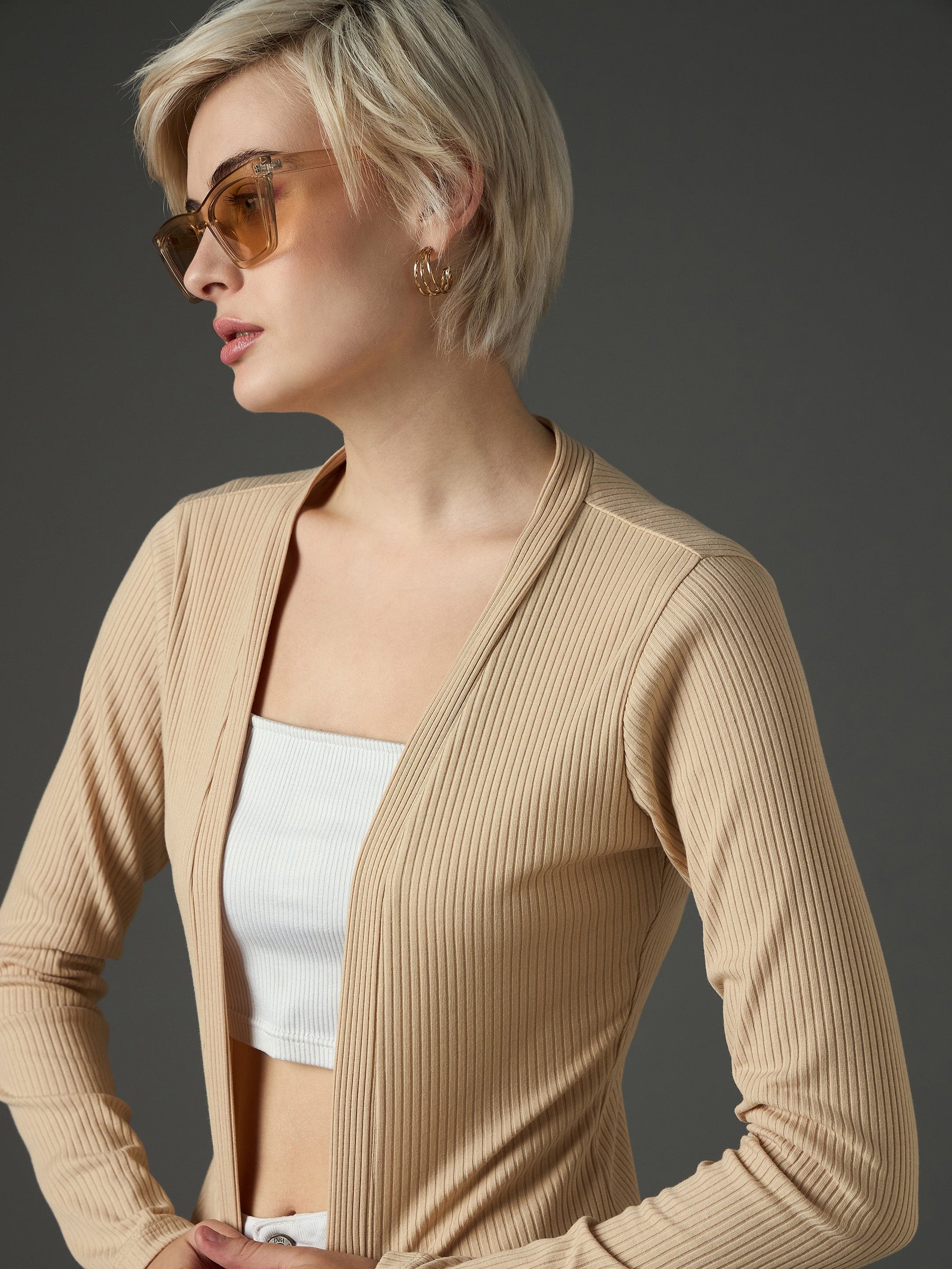 Beige Ribed Front Open Shrug-SASSAFRAS