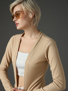 Beige Ribed Front Open Shrug-SASSAFRAS