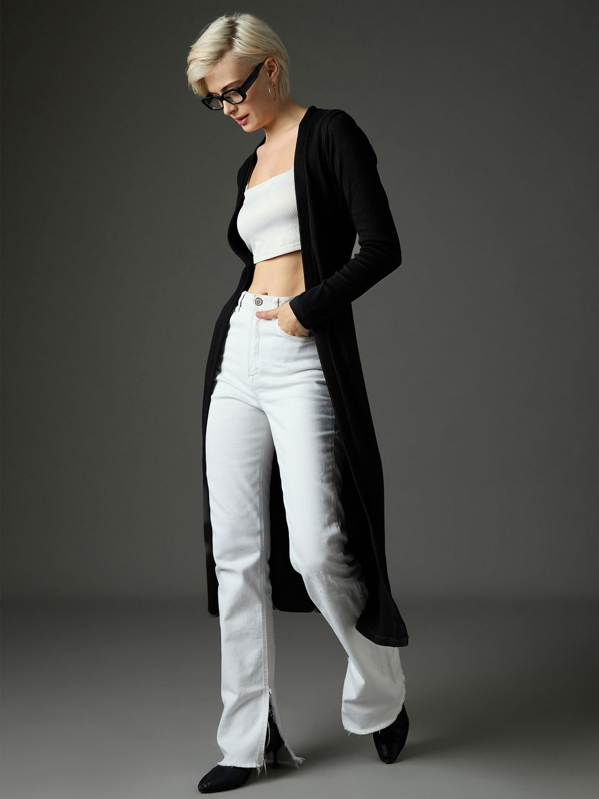 Black Ribed Front Open Shrug-SASSAFRAS