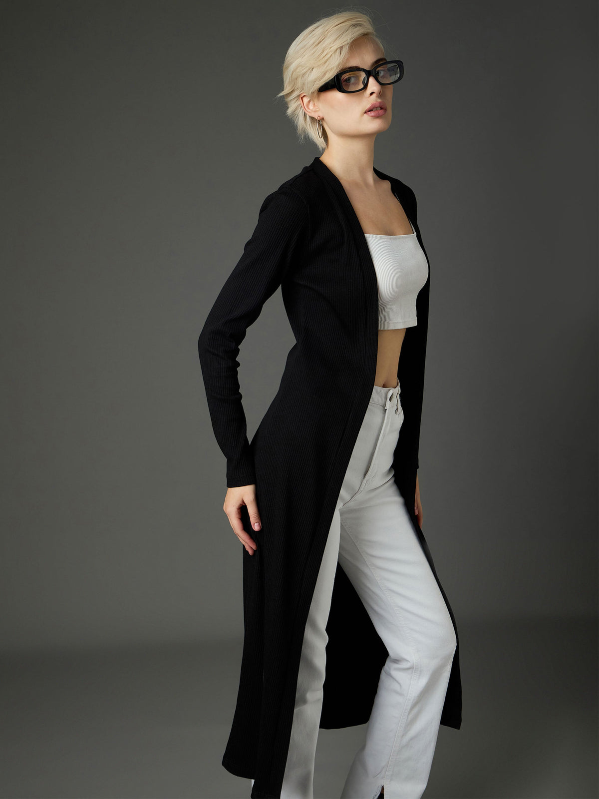 Black Ribed Front Open Shrug-SASSAFRAS