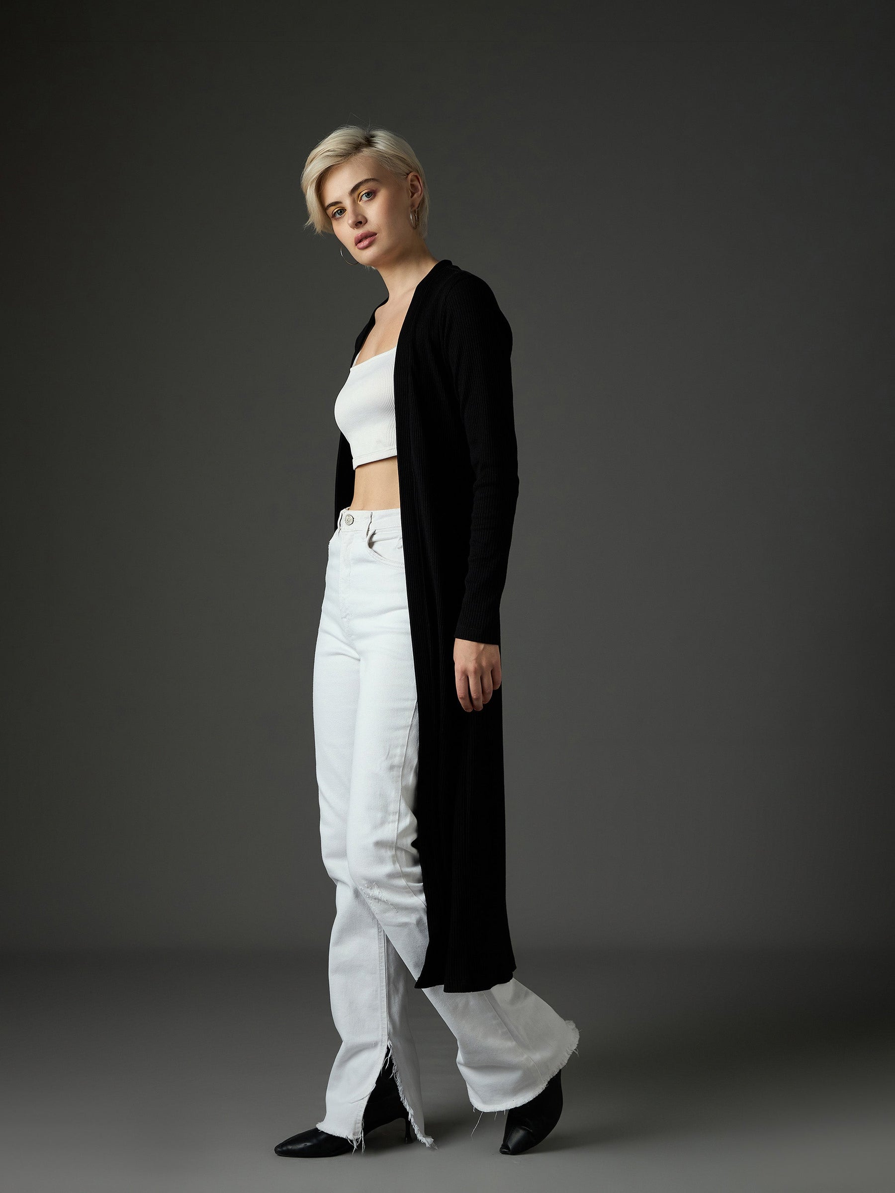 Black Ribed Front Open Shrug-SASSAFRAS