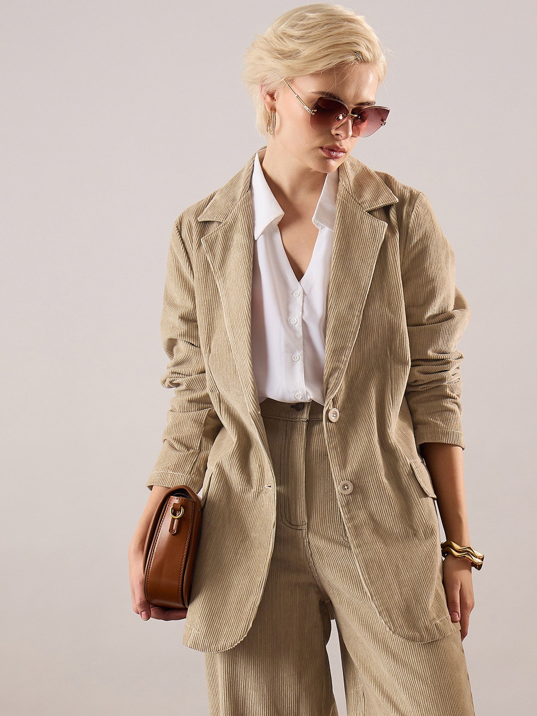 Beige Oversized Notch Collar Blazer-SASSAFRAS
