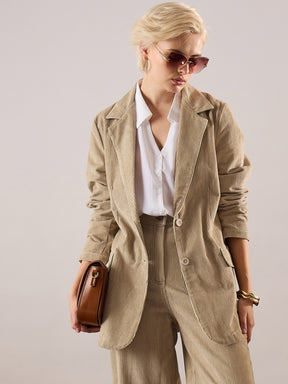 Beige Oversized Notch Collar Blazer-SASSAFRAS