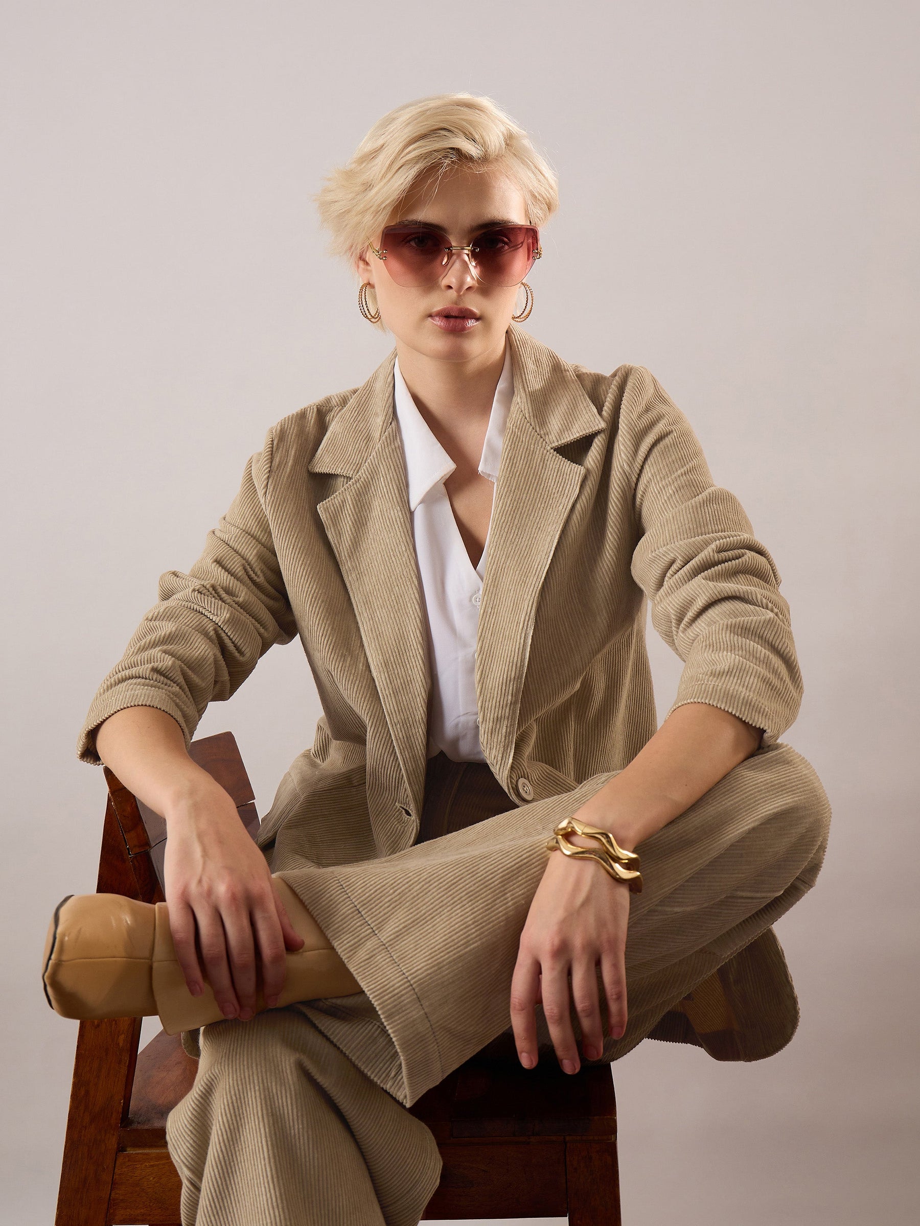Beige Oversized Notch Collar Blazer-SASSAFRAS