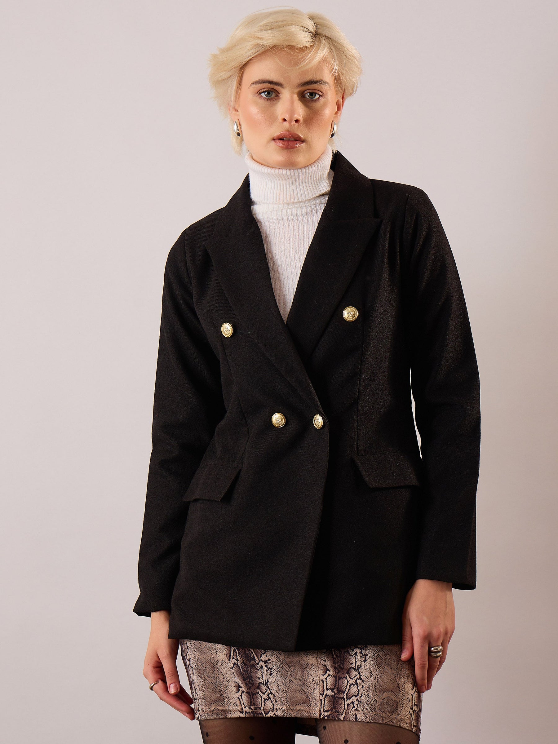 Black Tweed Double-Breasted Blazer-SASSAFRAS