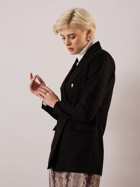 Black Tweed Double-Breasted Blazer-SASSAFRAS