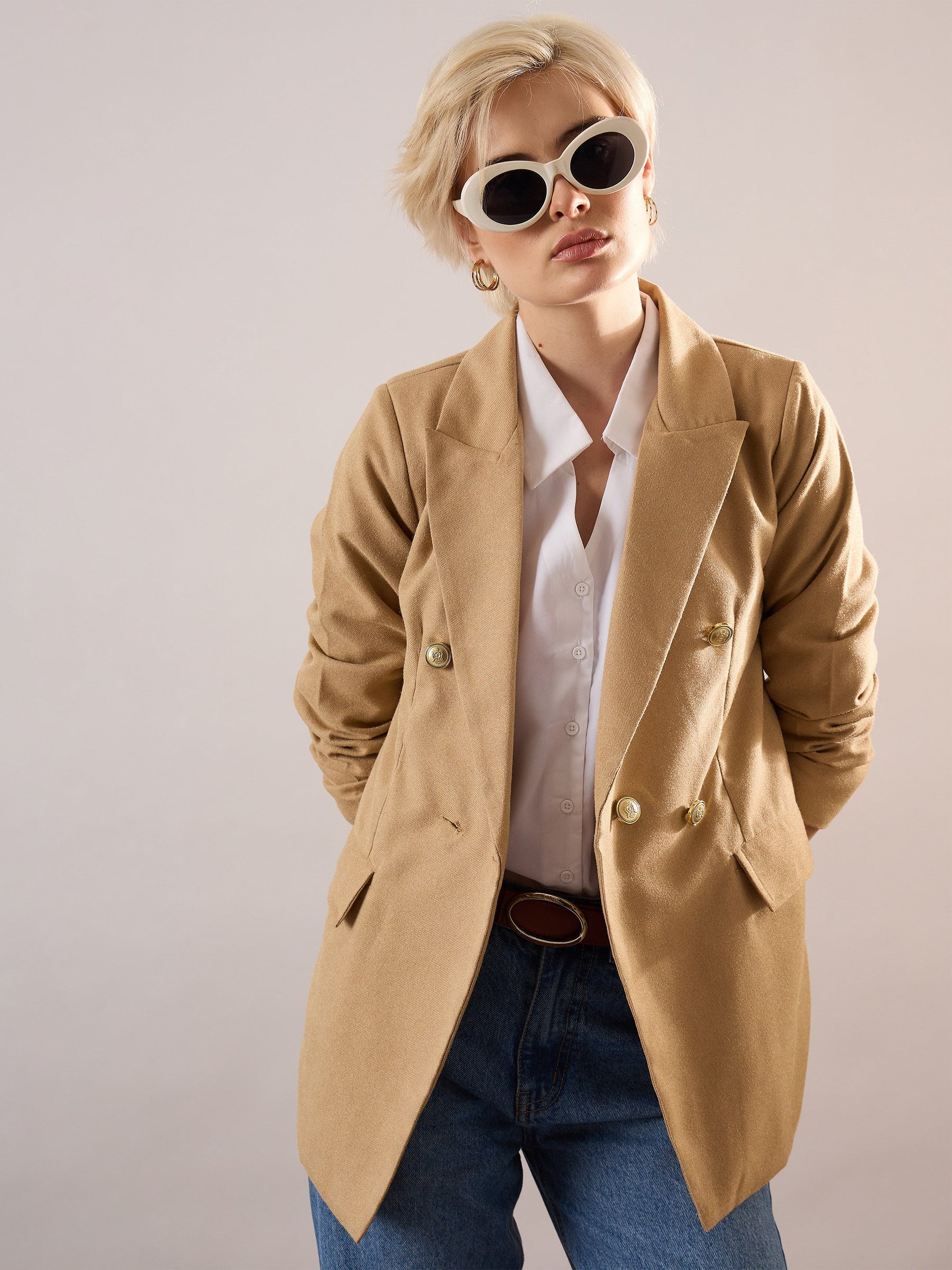 Beige Tweed Double-Breasted Blazer-SASSAFRAS
