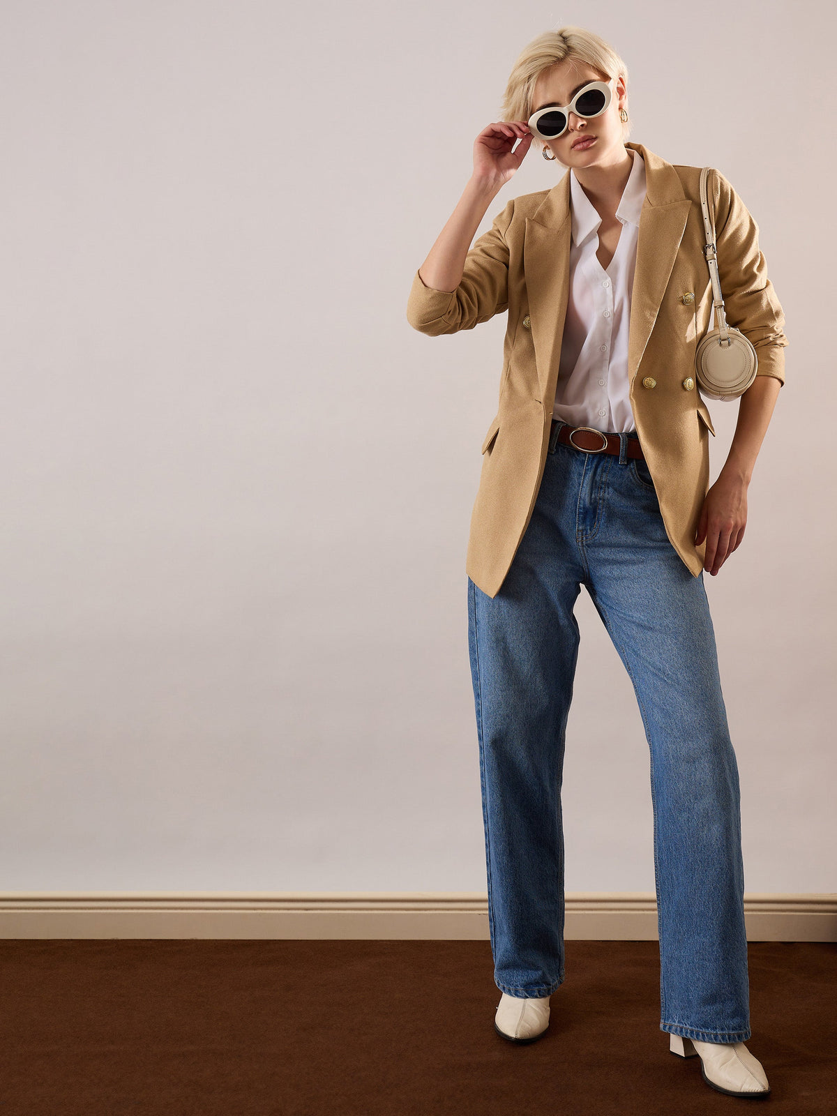 Beige Tweed Double-Breasted Blazer-SASSAFRAS