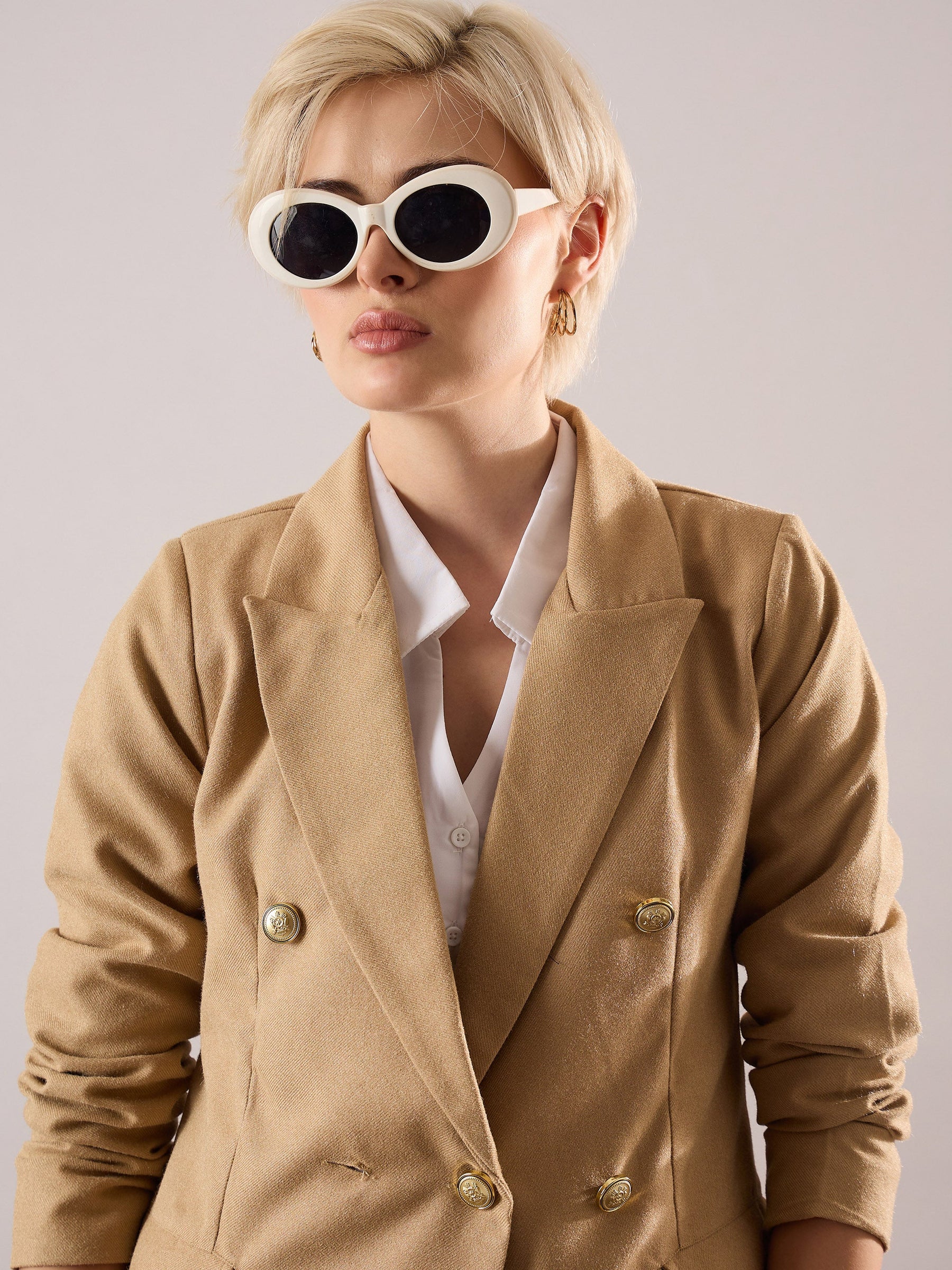 Beige Tweed Double-Breasted Blazer-SASSAFRAS