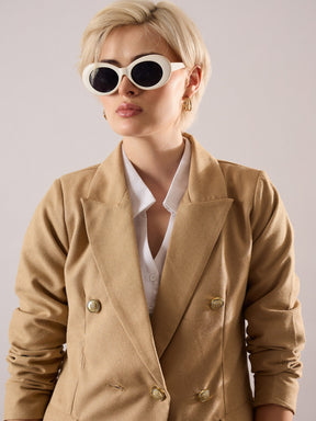 Beige Tweed Double-Breasted Blazer-SASSAFRAS
