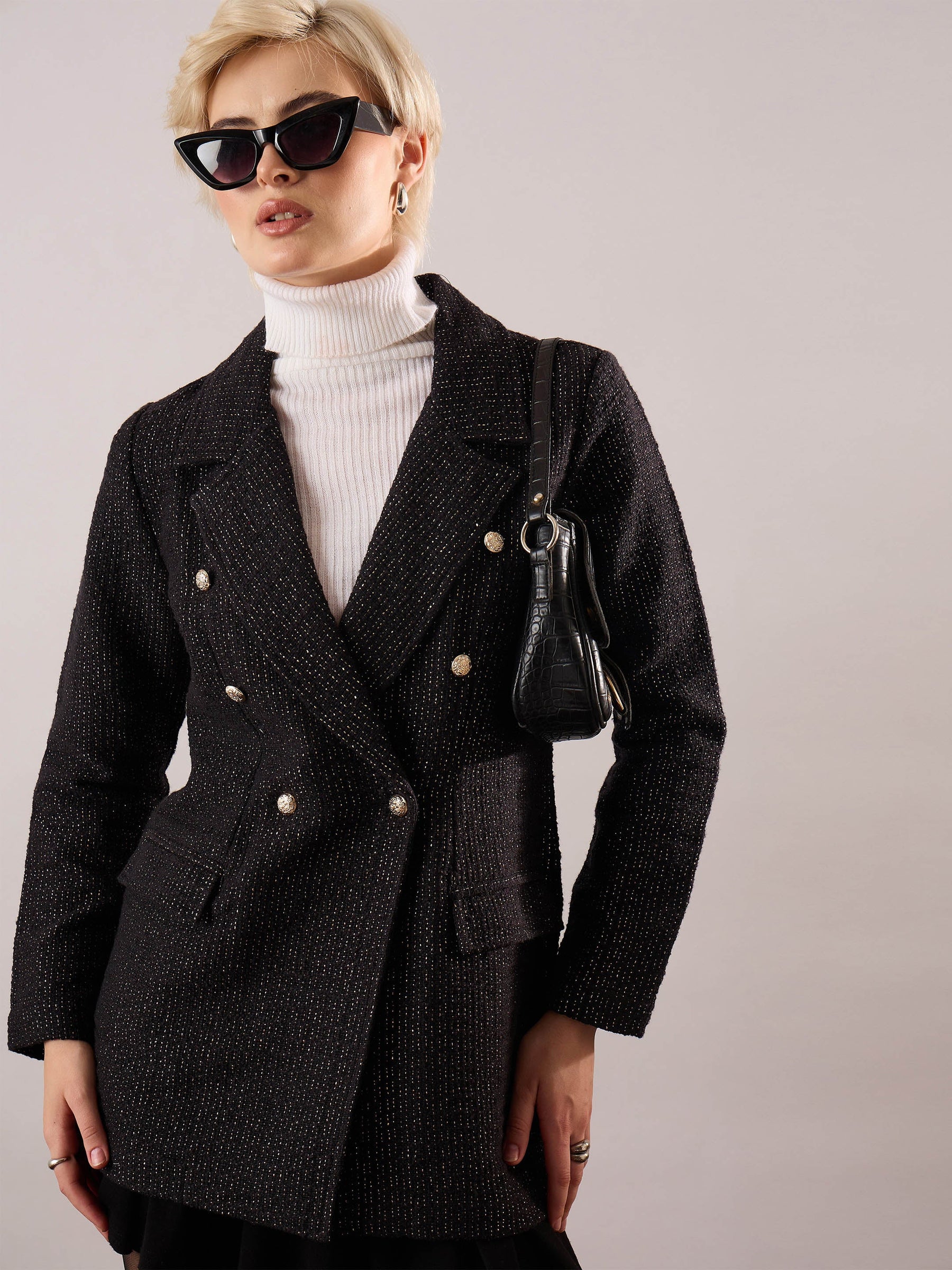 Black Cotton Lurex Tweed Double-Breasted Blazer-SASSAFRAS