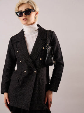 Black Cotton Lurex Tweed Double-Breasted Blazer-SASSAFRAS