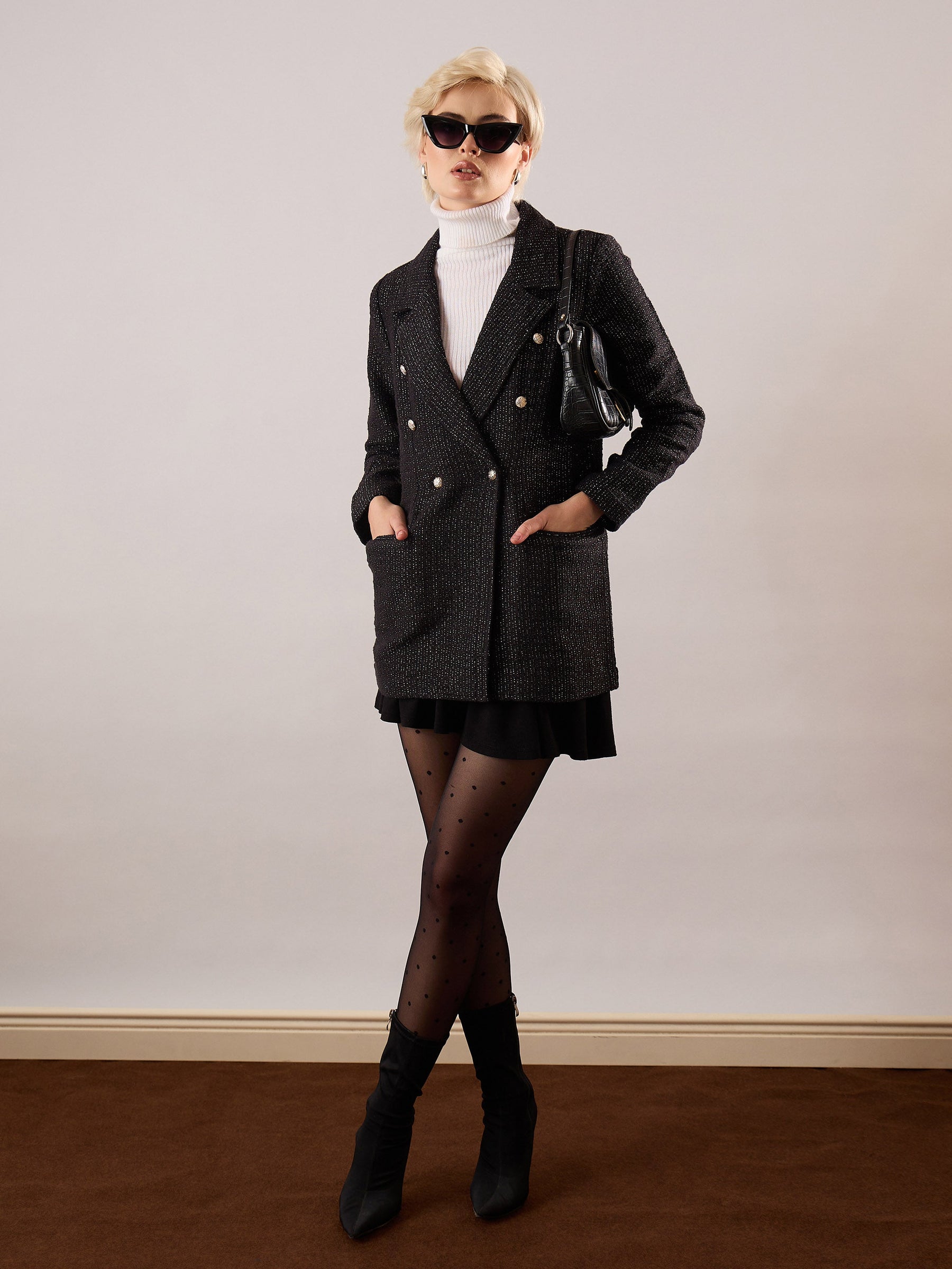 Black Cotton Lurex Tweed Double-Breasted Blazer-SASSAFRAS