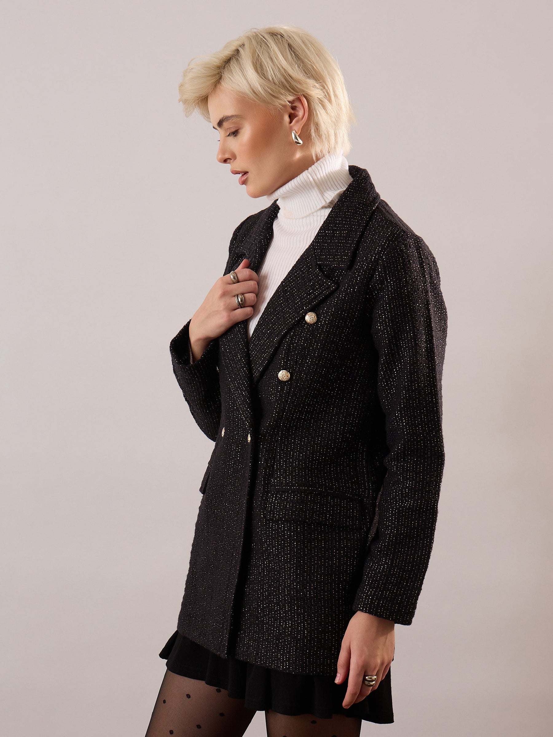 Black Cotton Lurex Tweed Double-Breasted Blazer-SASSAFRAS
