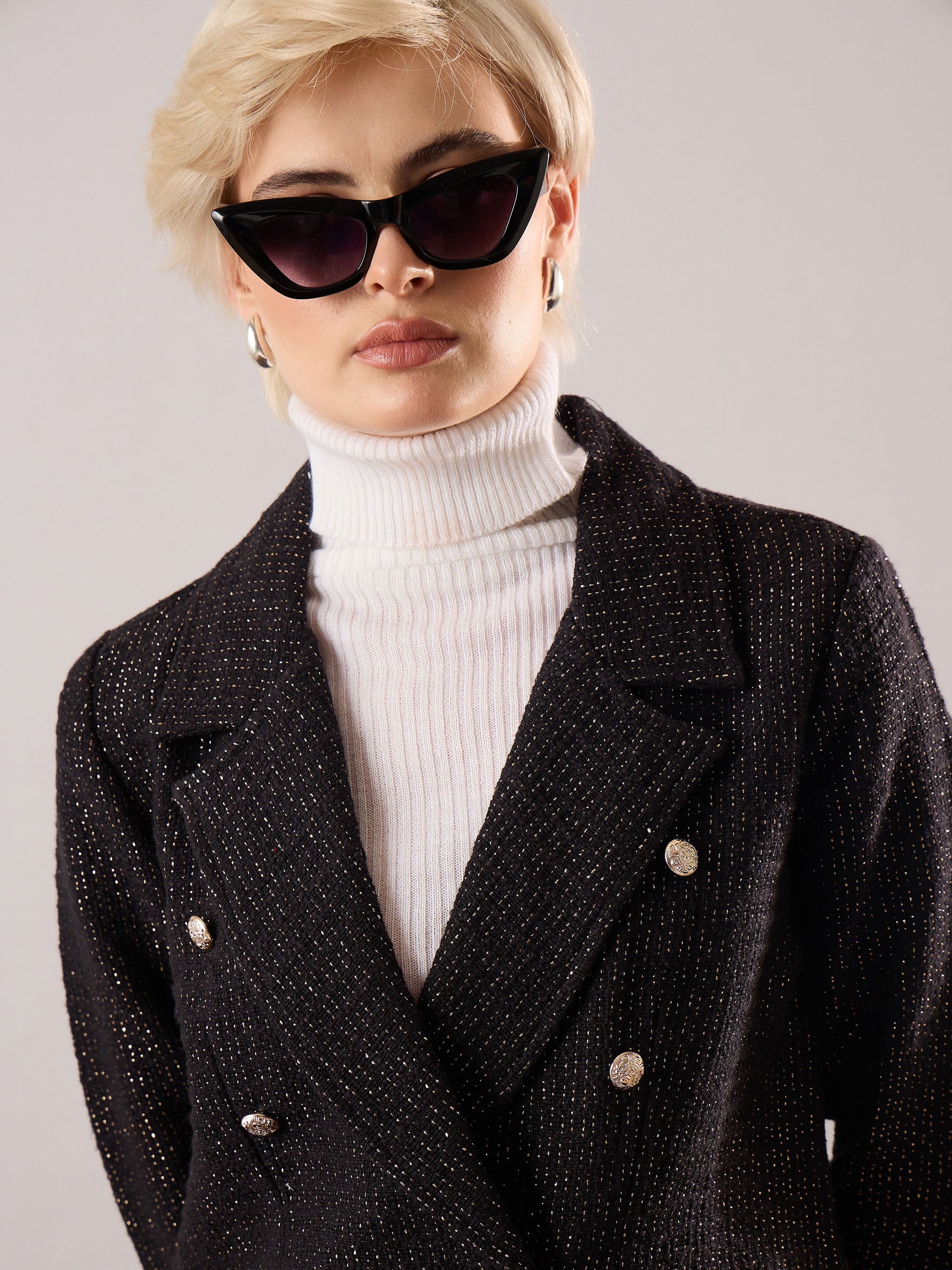 Black Cotton Lurex Tweed Double-Breasted Blazer-SASSAFRAS