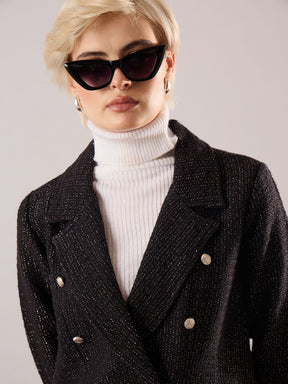 Black Cotton Lurex Tweed Double-Breasted Blazer-SASSAFRAS