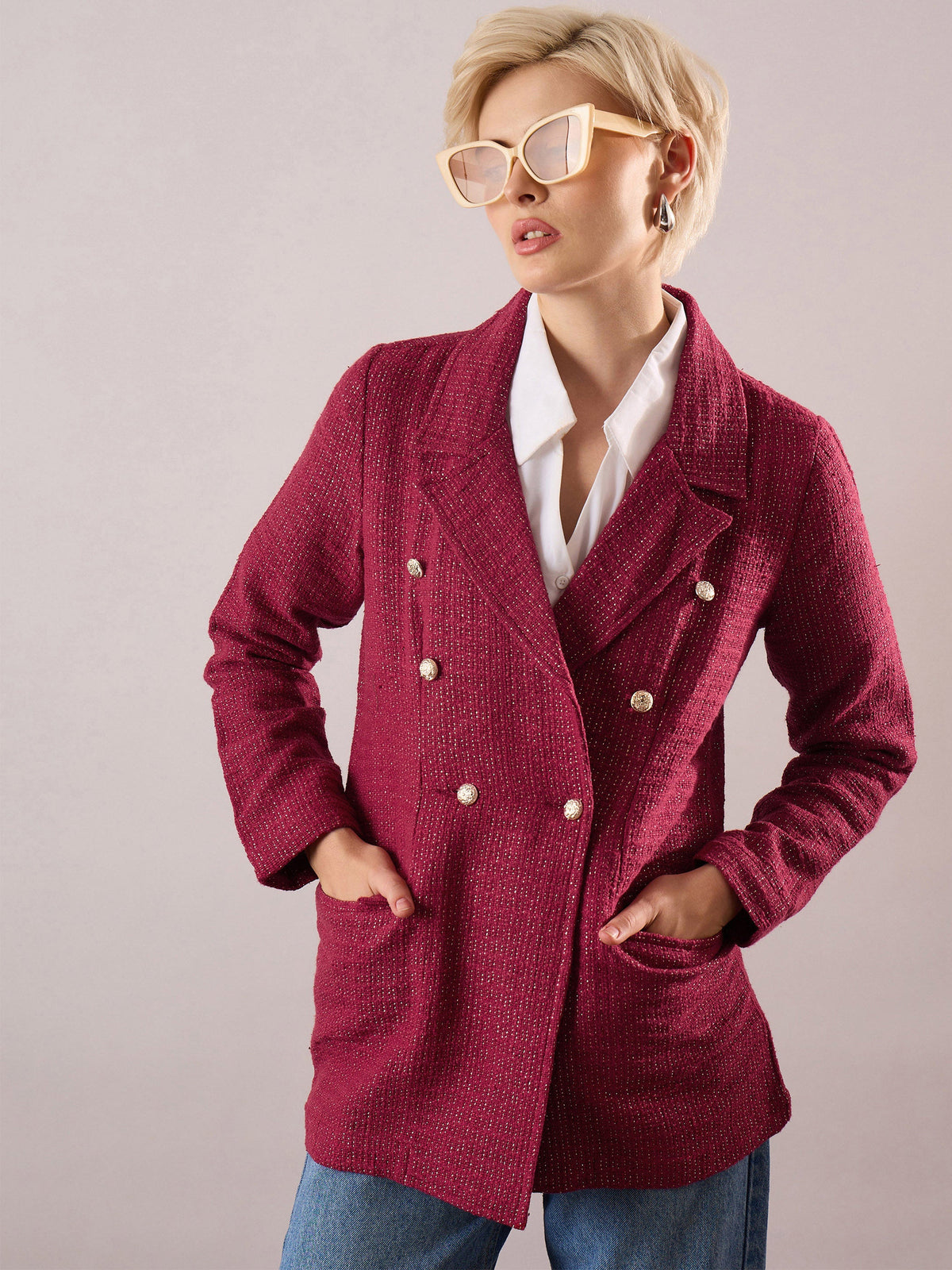Maroon Tweed Double-Breasted Blazer-SASSAFRAS