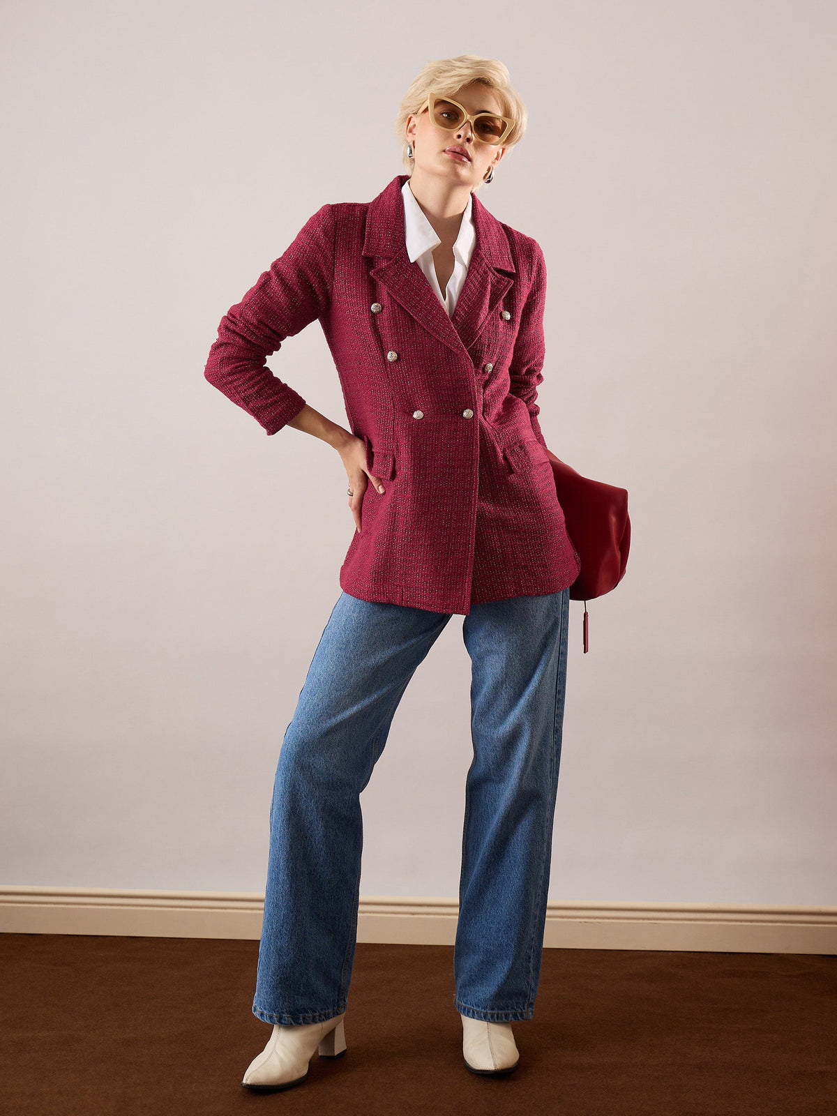 Maroon Tweed Double-Breasted Blazer-SASSAFRAS