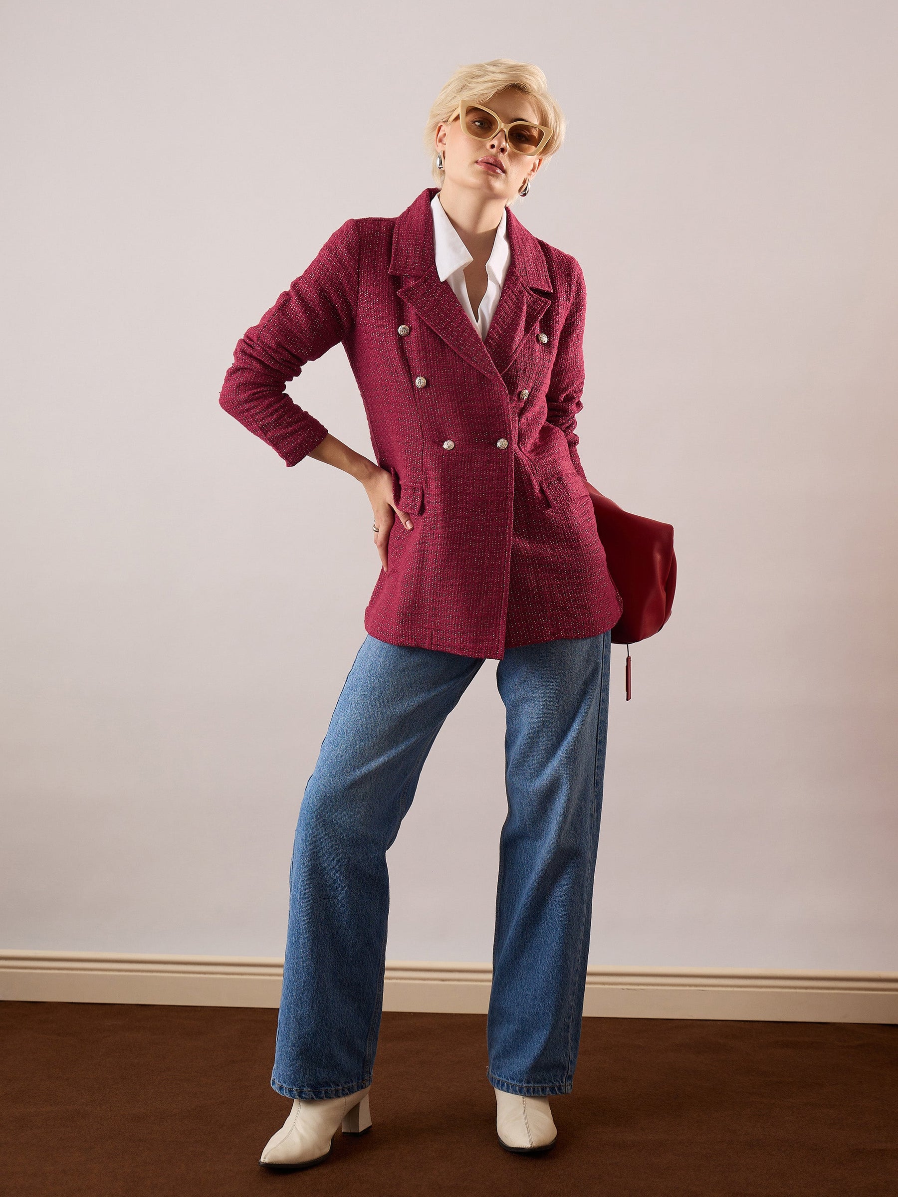 Maroon Tweed Double-Breasted Blazer-SASSAFRAS