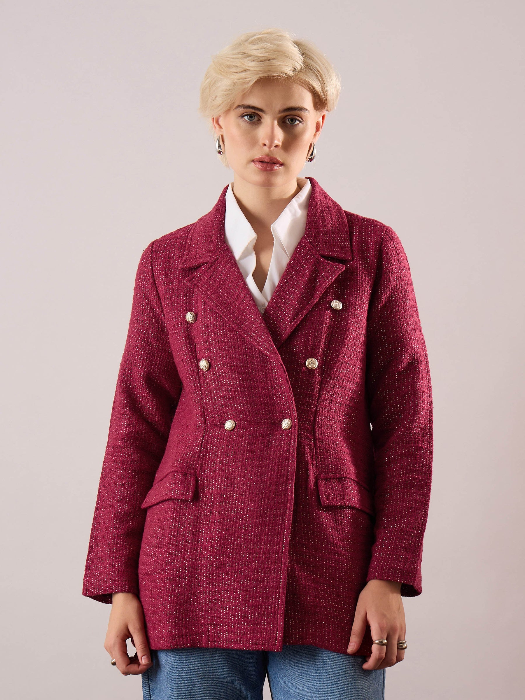 Maroon Tweed Double-Breasted Blazer-SASSAFRAS