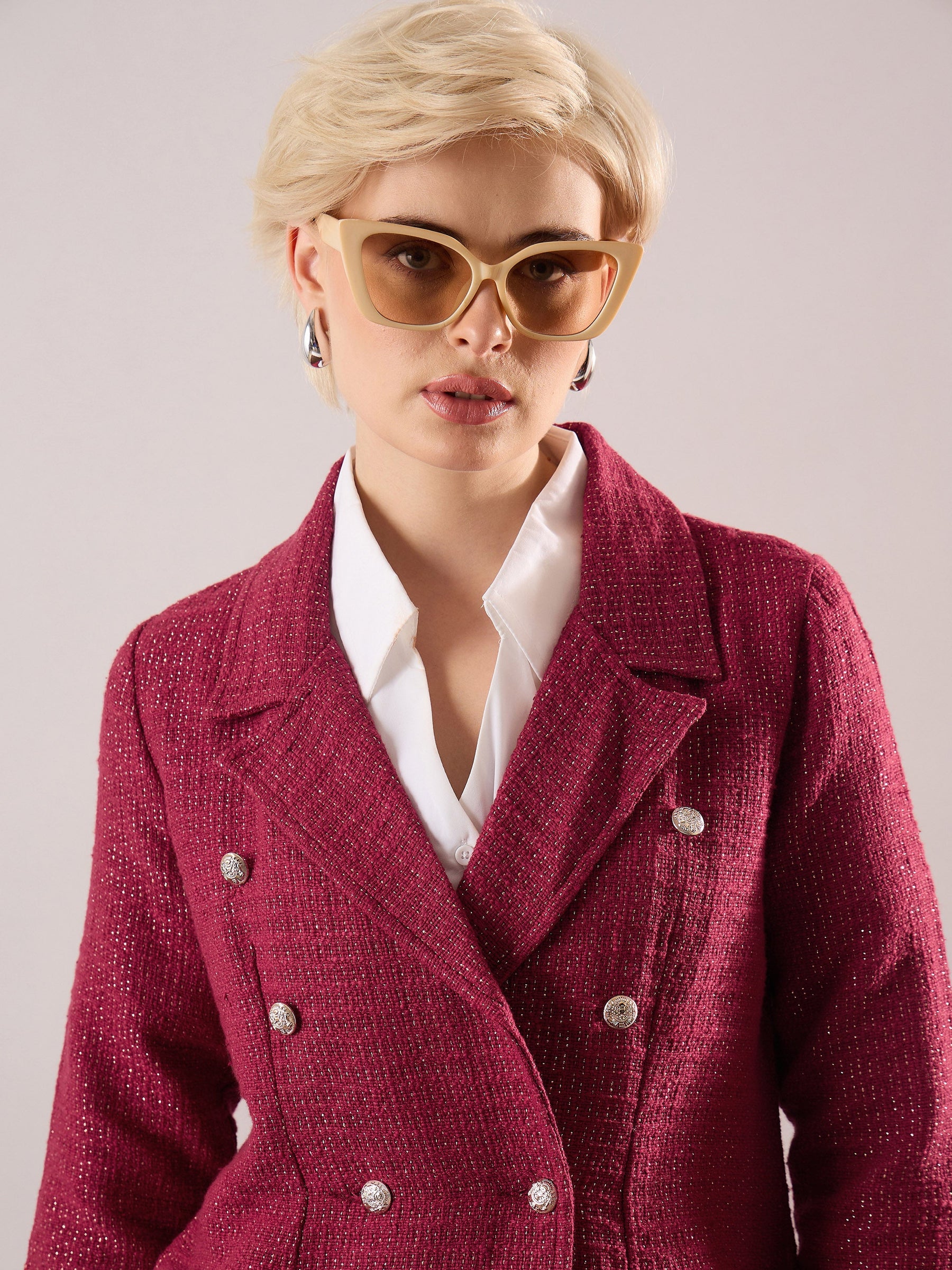 Maroon Tweed Double-Breasted Blazer-SASSAFRAS