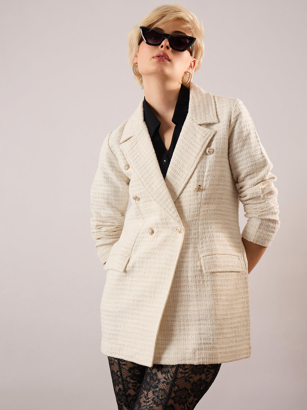 White Tweed Double-Breasted Blazer-SASSAFRAS