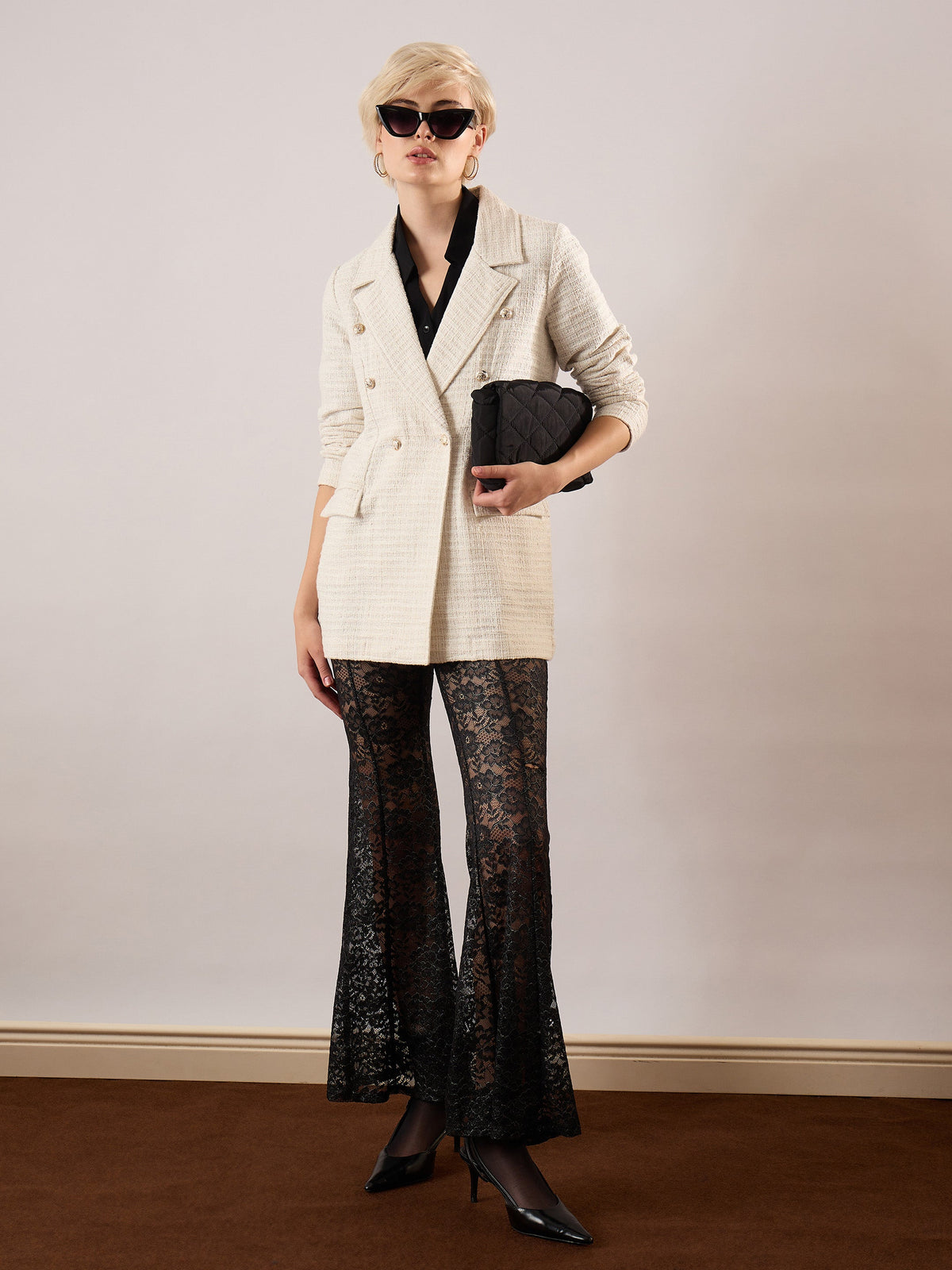 White Tweed Double-Breasted Blazer-SASSAFRAS