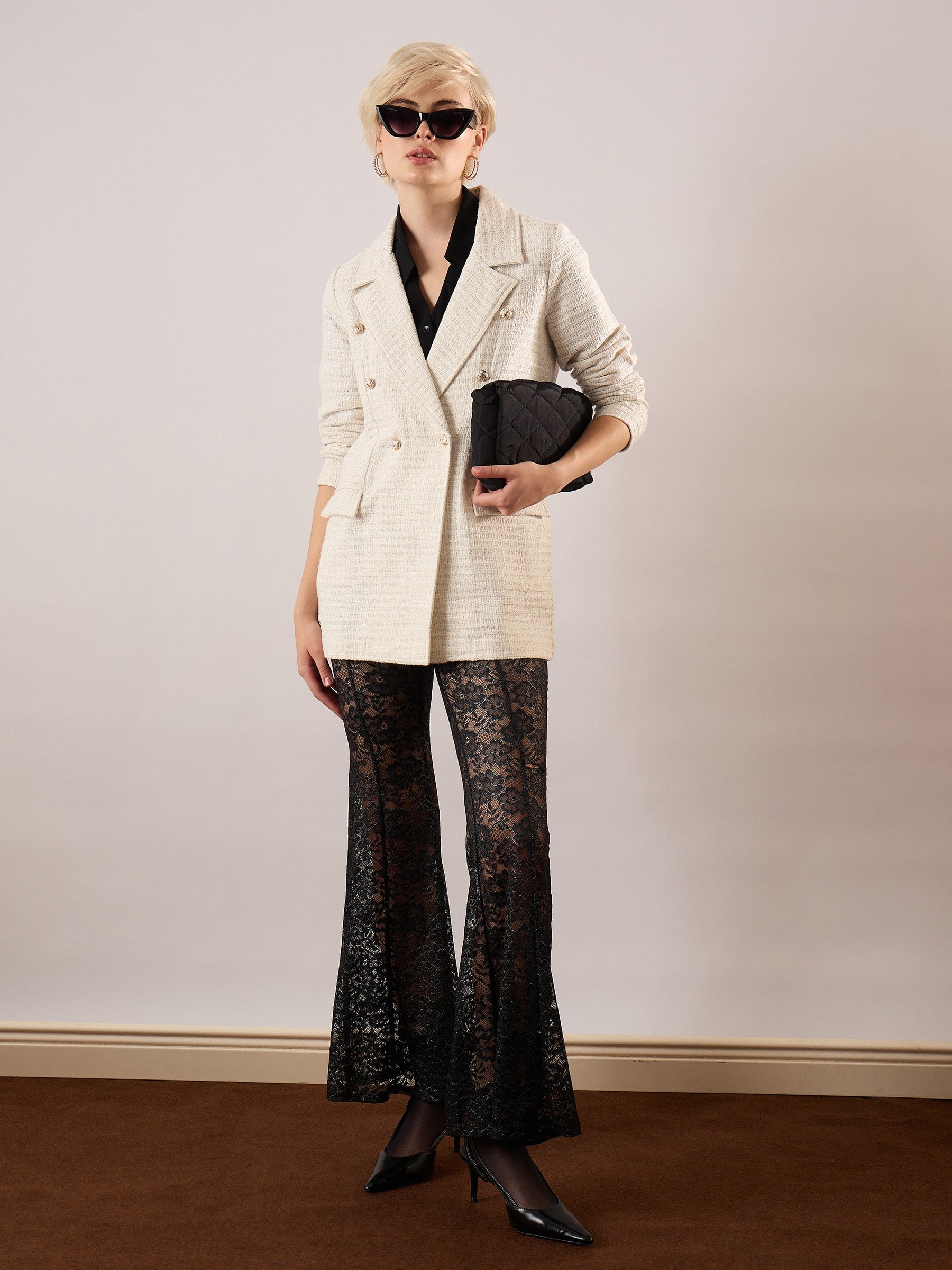 White Tweed Double-Breasted Blazer-SASSAFRAS