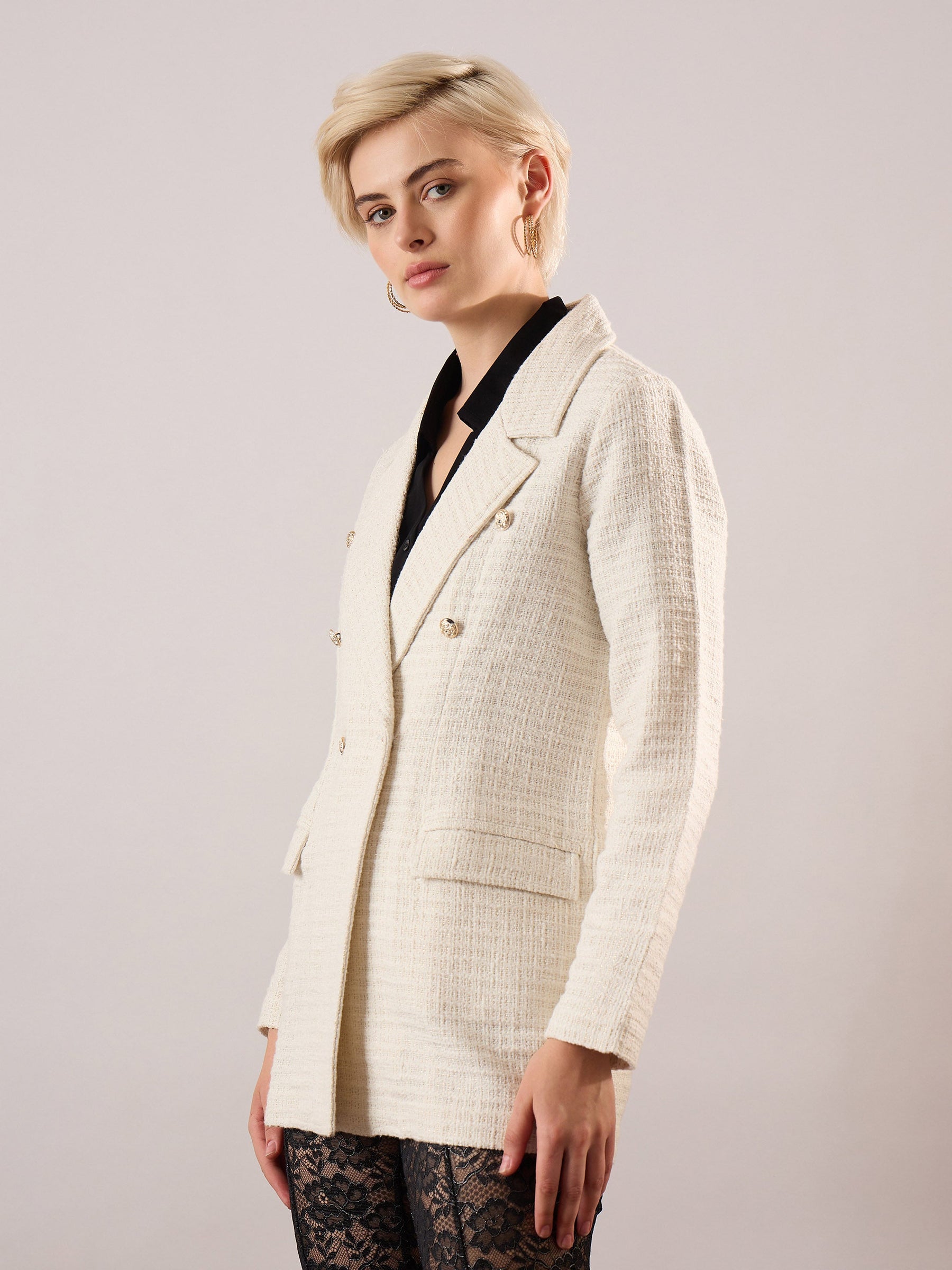 White Tweed Double-Breasted Blazer-SASSAFRAS