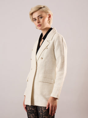 White Tweed Double-Breasted Blazer-SASSAFRAS