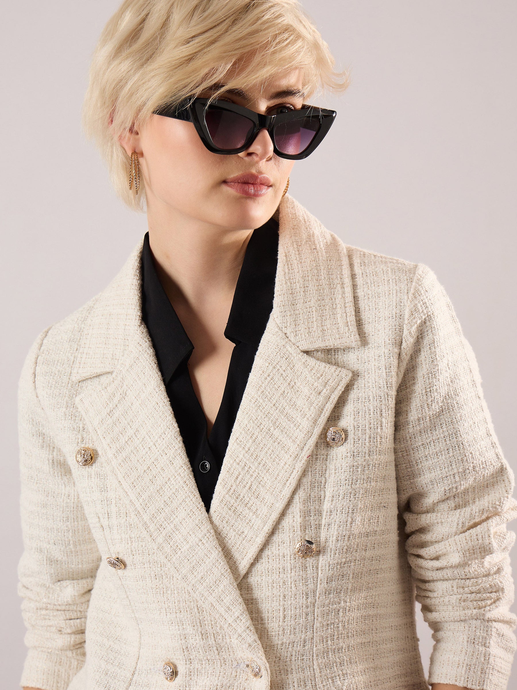 White Tweed Double-Breasted Blazer-SASSAFRAS