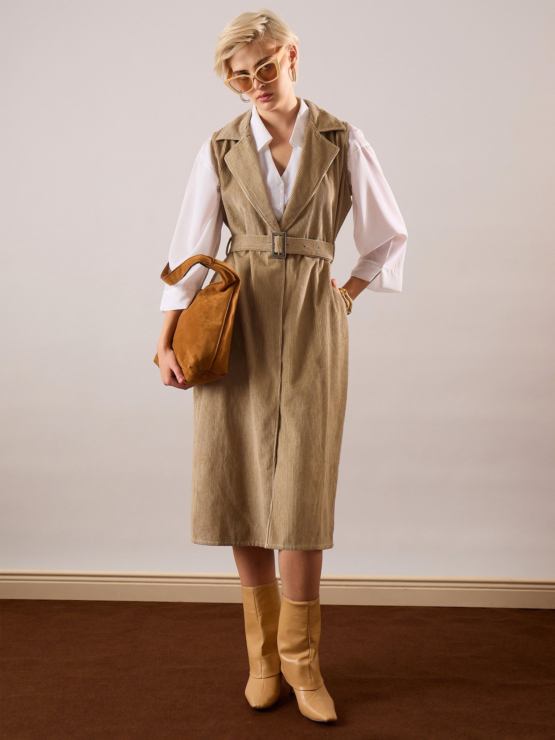 Beige Corduroy Sleeveless Long Coat-SASSAFRAS
