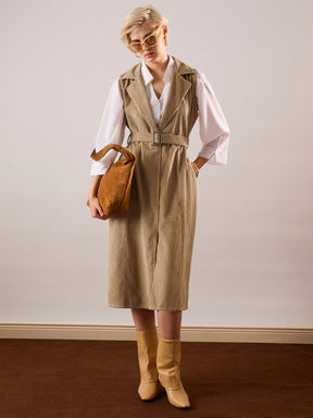 Beige Corduroy Sleeveless Long Coat-SASSAFRAS
