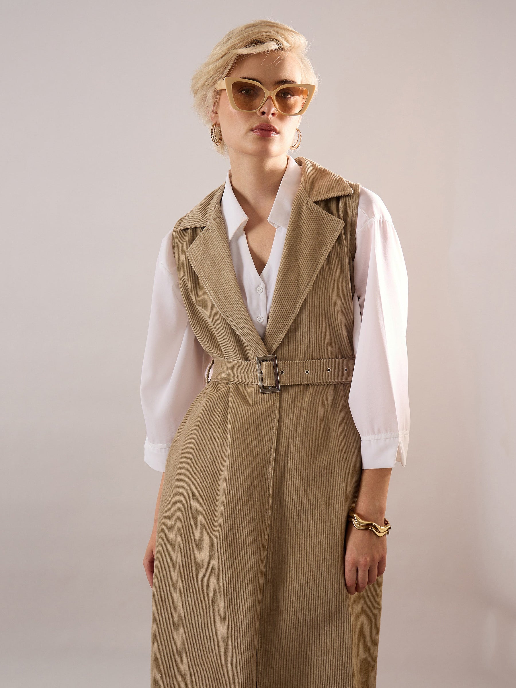 Beige Corduroy Sleeveless Long Coat-SASSAFRAS