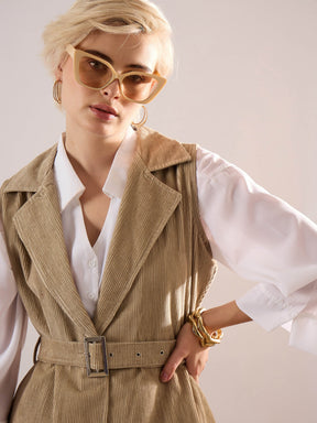 Beige Corduroy Sleeveless Long Coat-SASSAFRAS