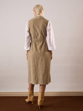 Beige Corduroy Sleeveless Long Coat-SASSAFRAS