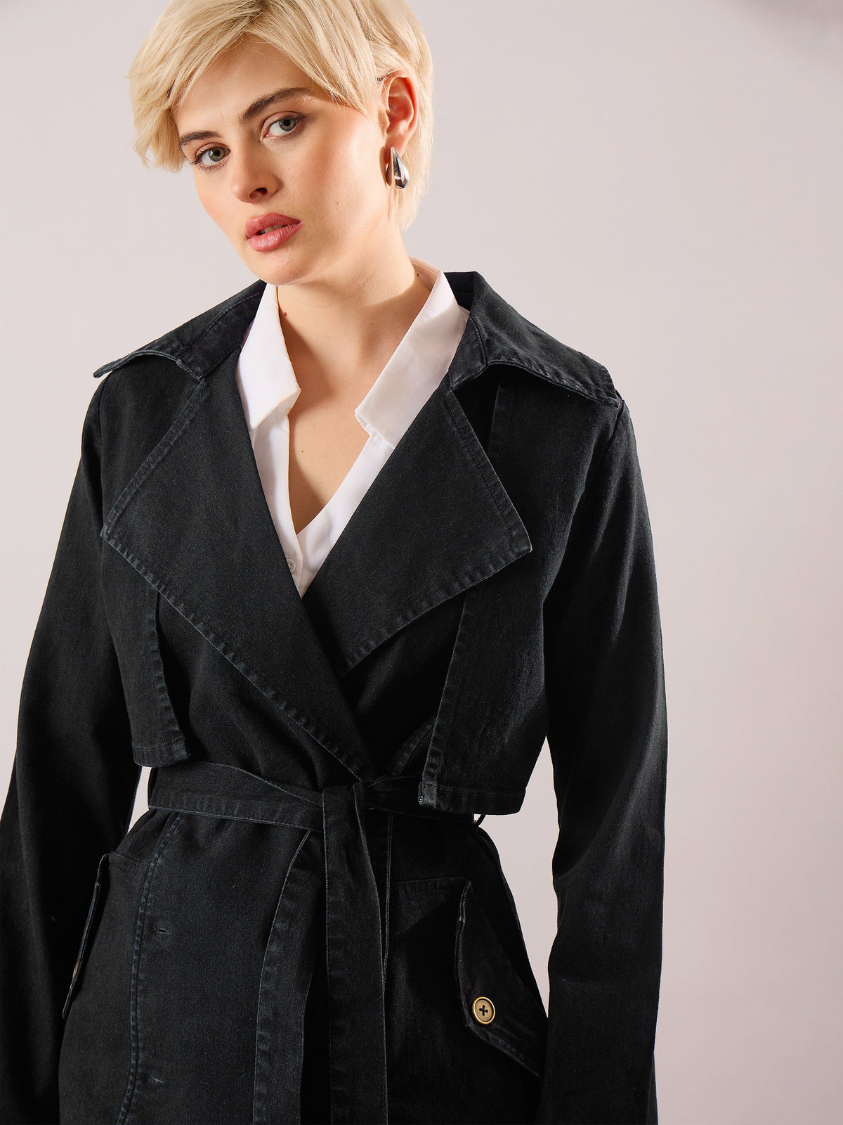Jet Black Denim Trench Coat-SASSAFRAS