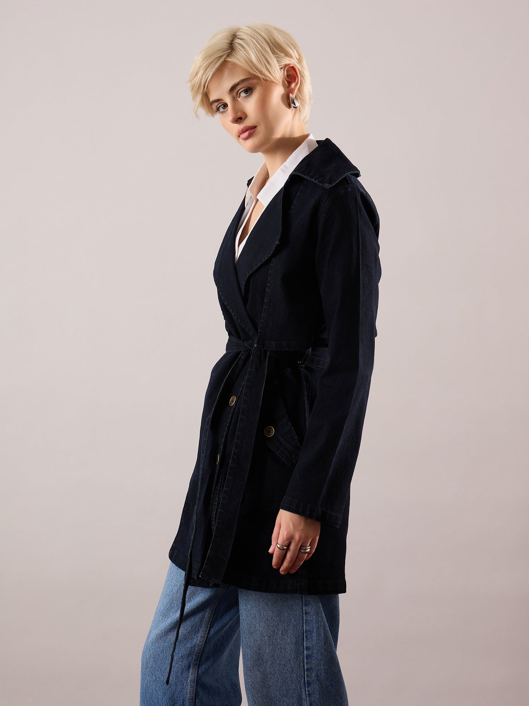 Jet Black Denim Trench Coat-SASSAFRAS