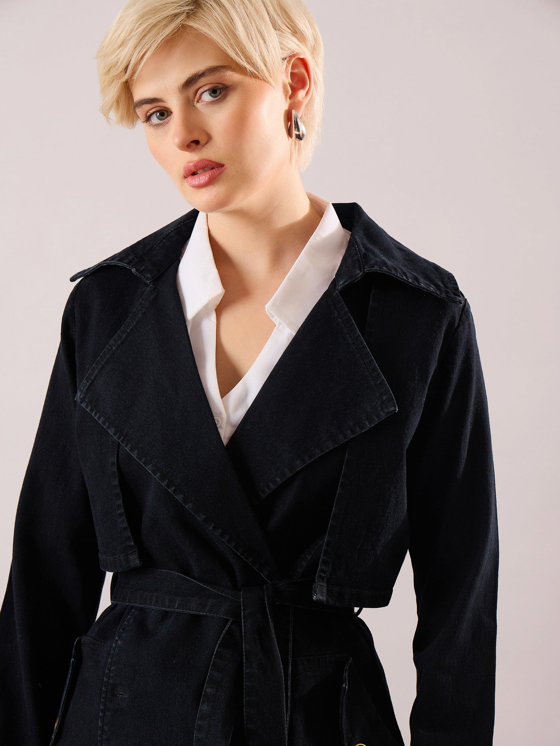 Jet Black Denim Trench Coat-SASSAFRAS
