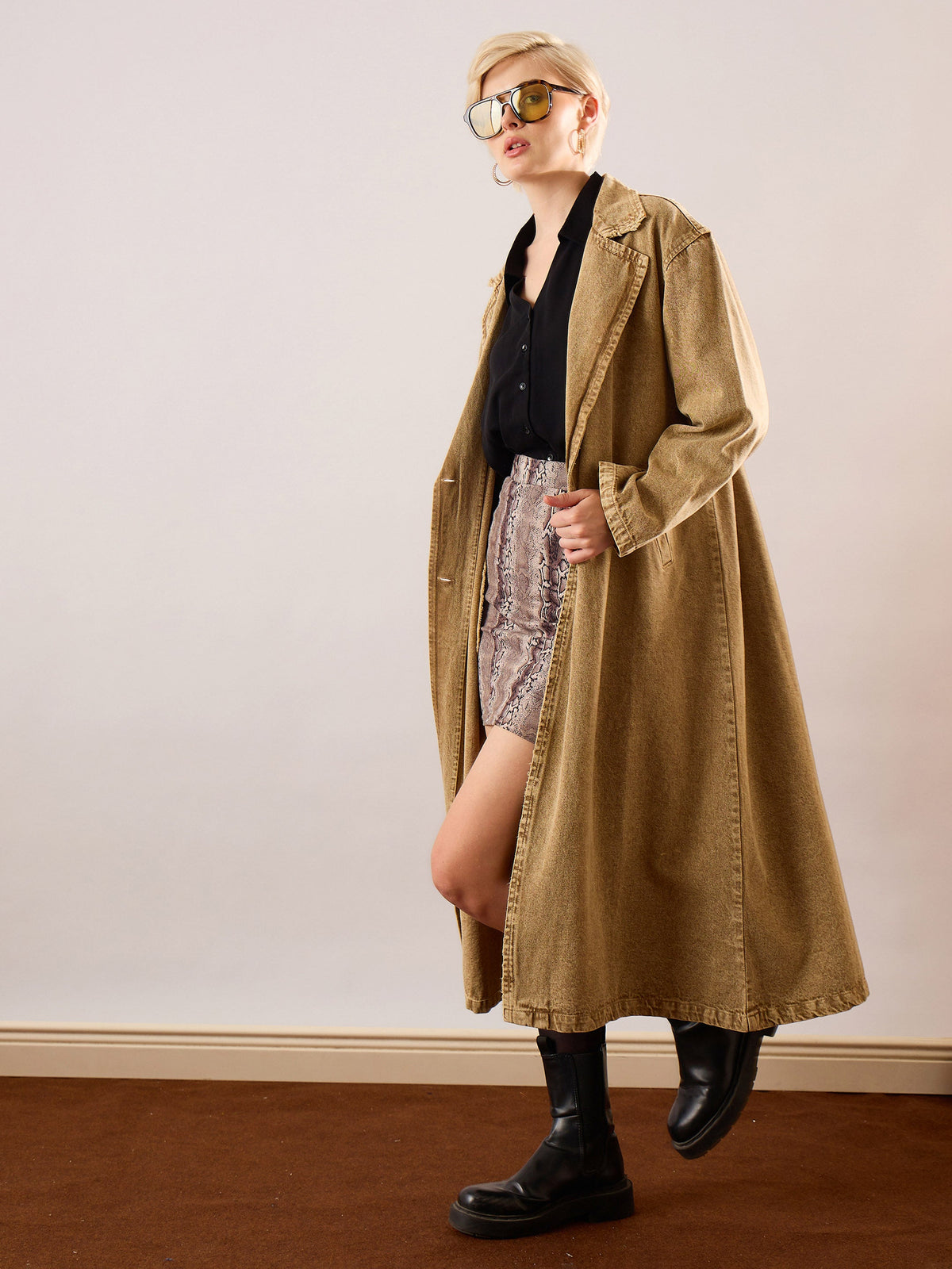 Beige Washed Denim Over Coat-SASSAFRAS